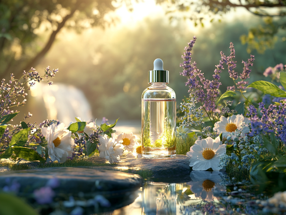 ein flasche mit hydrolat die auf einer platte in der Natur steht